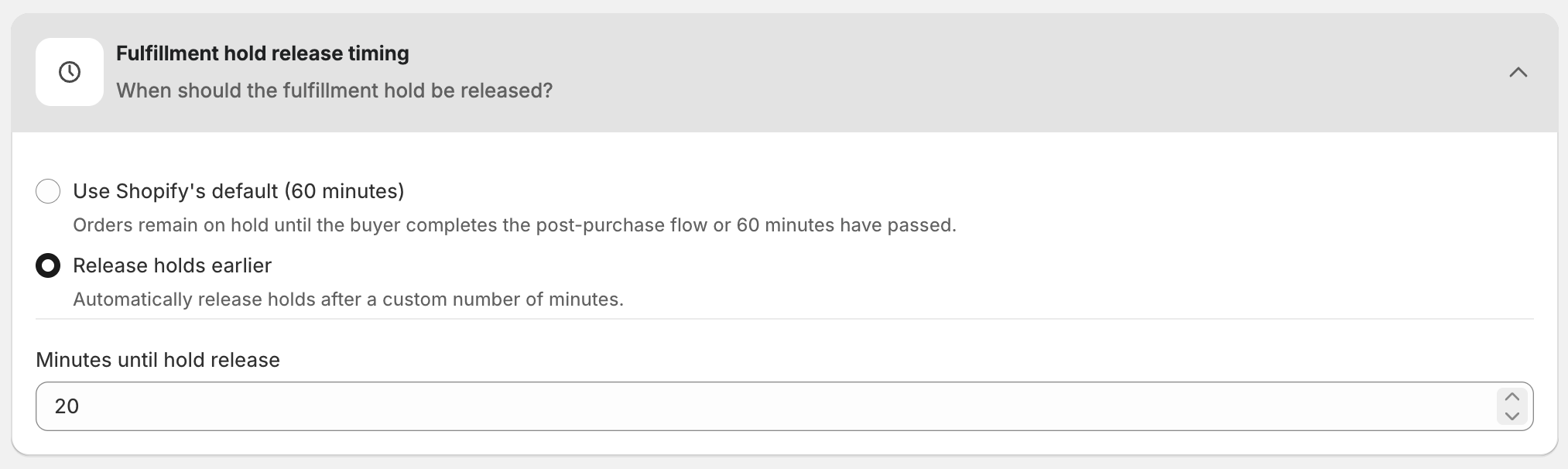 Fulfillment hold release timing settings panel