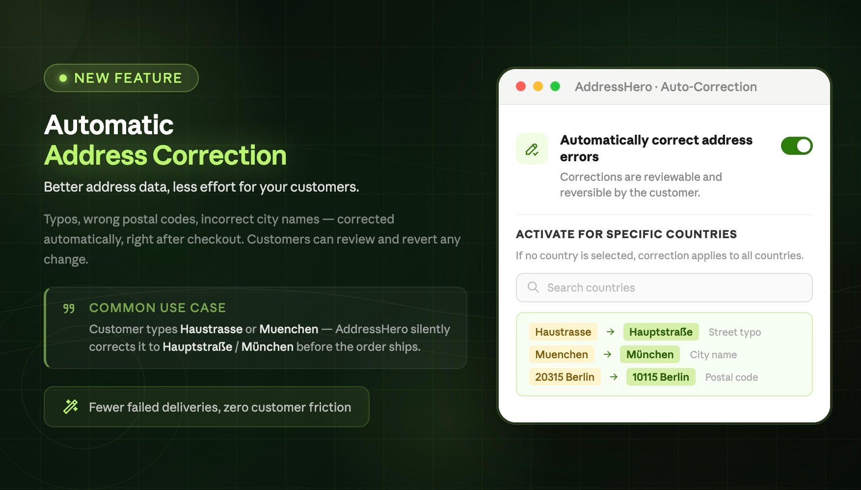 Configure automatic address correction for specific countries