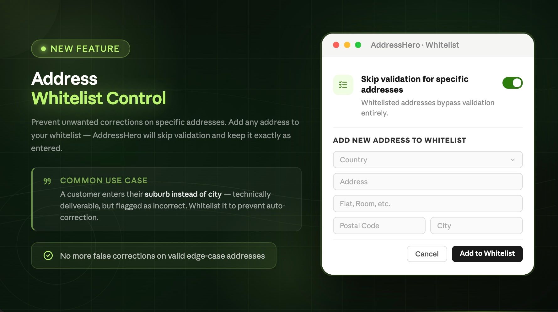 Address Whitelisting: Skip post checkout validation for specific addresses